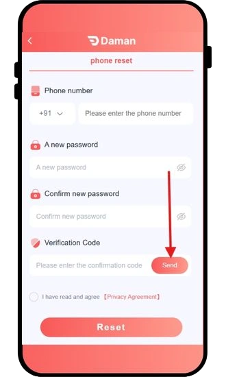 click on send button for password reset otp